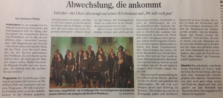 Artikel zu unserem Konzert in Pfedelbach 11.11.2017 Mit freundlicher Genehmigung der Hohenloher Zeitung.